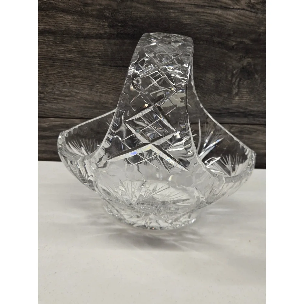 Bohemia Czech Republic Hand Cut Lead Crystal Basket Pinwheel Diamond 8.25